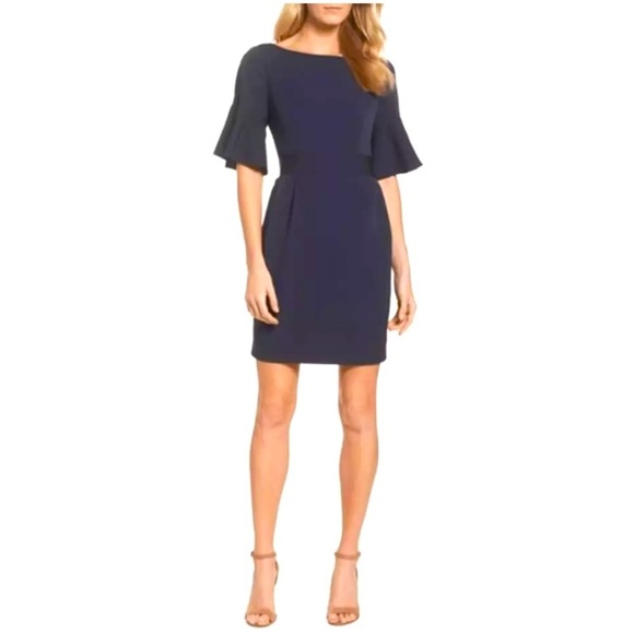 Eliza J Dresses & Skirts - Eliza J Silky Navy Blue Dress Bell Sleeve Sheath Belted Pockets Preppy Office